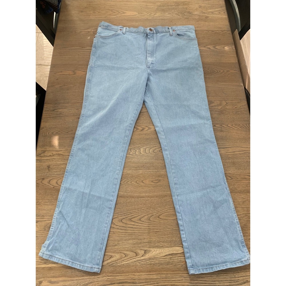 Wrangler Mens Light Wash Straight Leg Stretch Denim Jeans 42x34 Blue